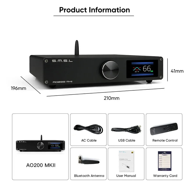 SMSL AO200 MK2 HIFI Digital Power Amplifier MA5332MS AMP Bluetooth 5.0 XLR RCA USB Input med fjernkontroll.