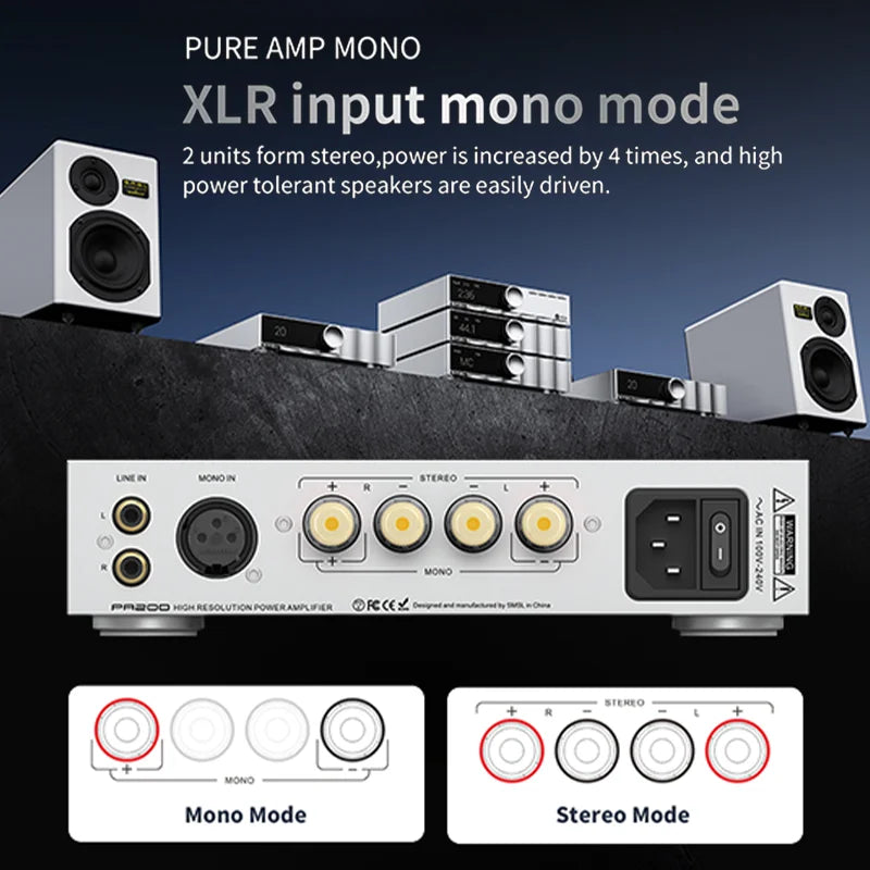 SMSL PA200 Gallium Nitride Power Amplifier XLR Mono Input Mode Stereo Forsterker.