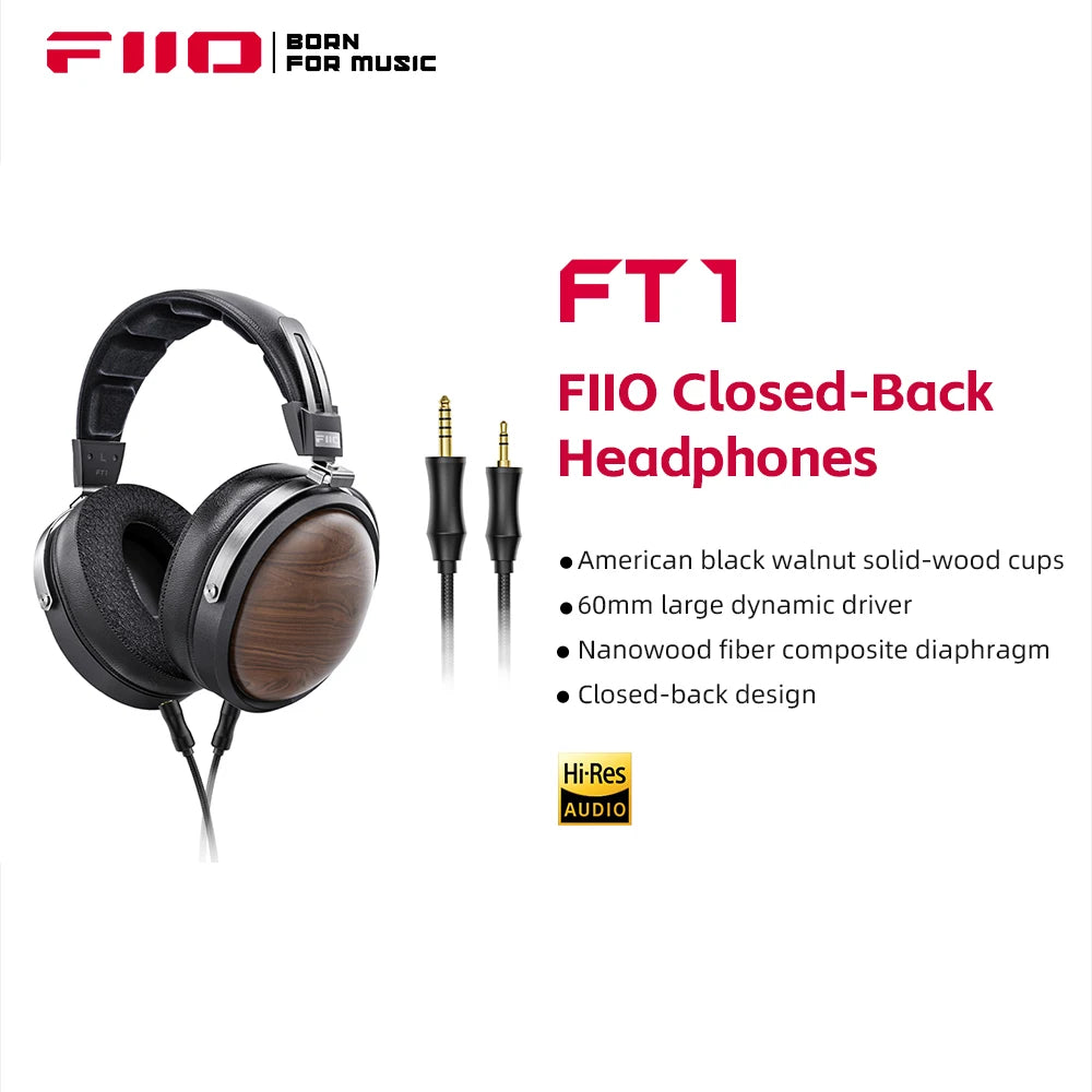 FiiO FT1 Closed-Back Over-Ear Fiber Composite Diaphragm Wired Hi-Fi Headphones, American walnut/beech wood Ear Cups for Studio