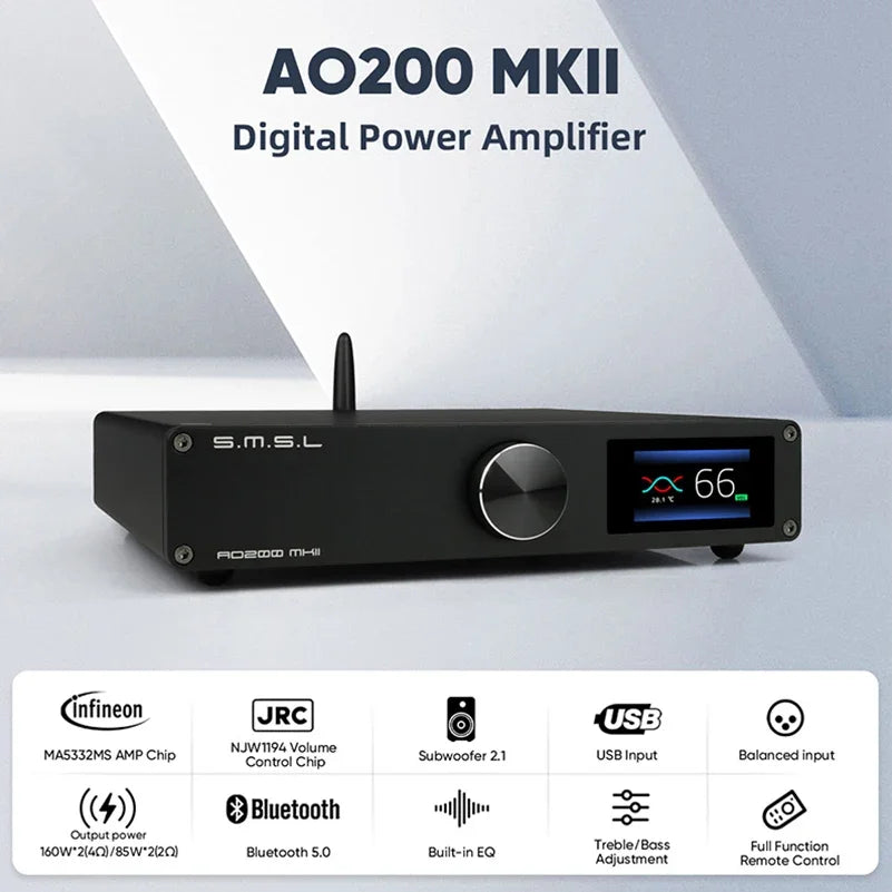 SMSL AO200 MK2 HIFI Digital Power Amplifier MA5332MS AMP Bluetooth 5.0 XLR RCA USB Input med fjernkontroll.
