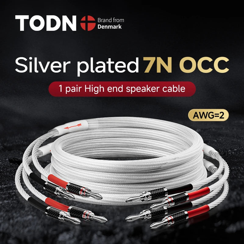 TODN One Pair HIFI Silver-plated Speaker Cable High-end 7N OCC Speaker Wire For Hi-fi Systems Y Plug Banana plug Speaker Cable