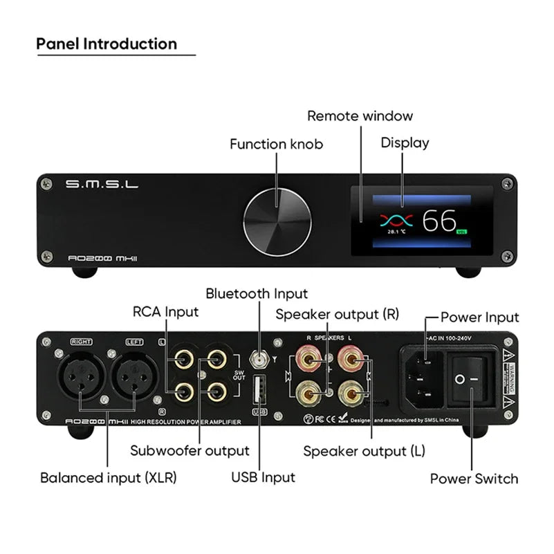 SMSL AO200 MK2 HIFI Digital Power Amplifier MA5332MS AMP Bluetooth 5.0 XLR RCA USB Input med fjernkontroll.