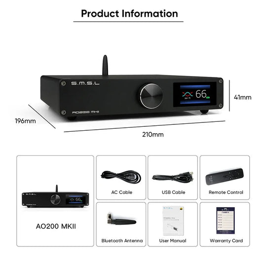 SMSL AO200 MK2 HIFI Digital Power Amplifier MA5332MS AMP Bluetooth 5.0 XLR RCA USB Input med fjernkontroll.