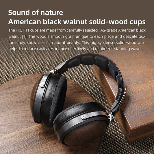 FiiO FT1 Closed-Back Over-Ear  Fiber Composite Diaphragm Wired Hi-Fi Headphones, American walnut/beech wood Ear Cups for Studio