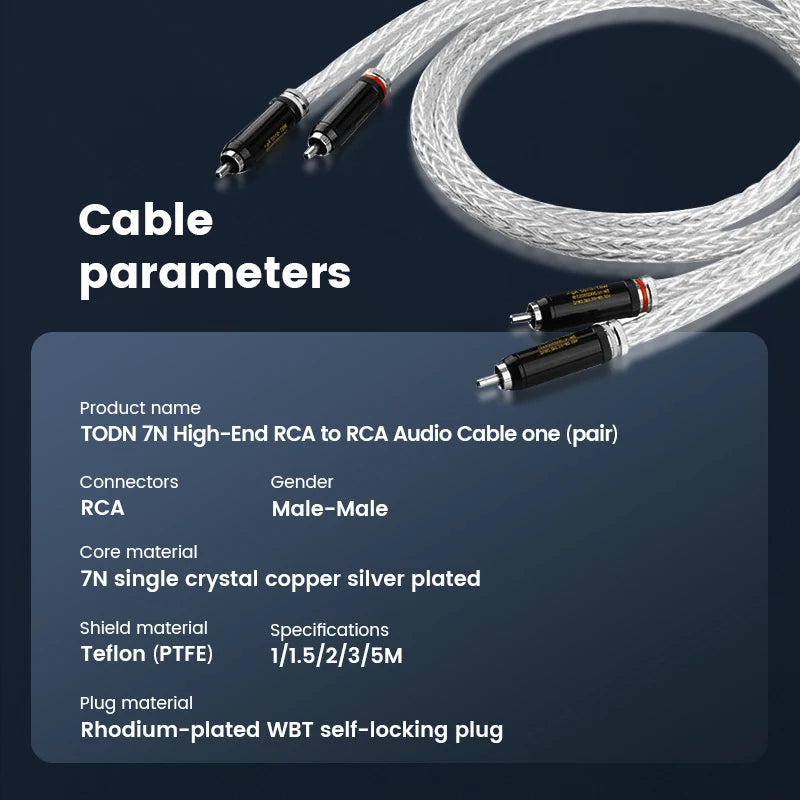 TODN Hi-End 8AG Silver Plated OCC 16 Strands Audio Cable RCA.
